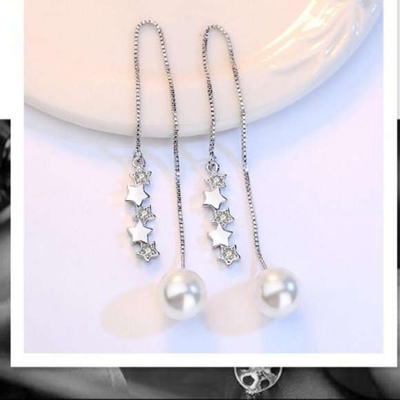 925 Sterling Silver Diamond Star Pearl Earrings - Picture 3 of 8